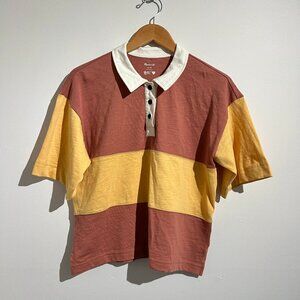 EUC Madewell Organic Cotton Rugby Cropped Collared Tee, Red and Yellow, Size Med